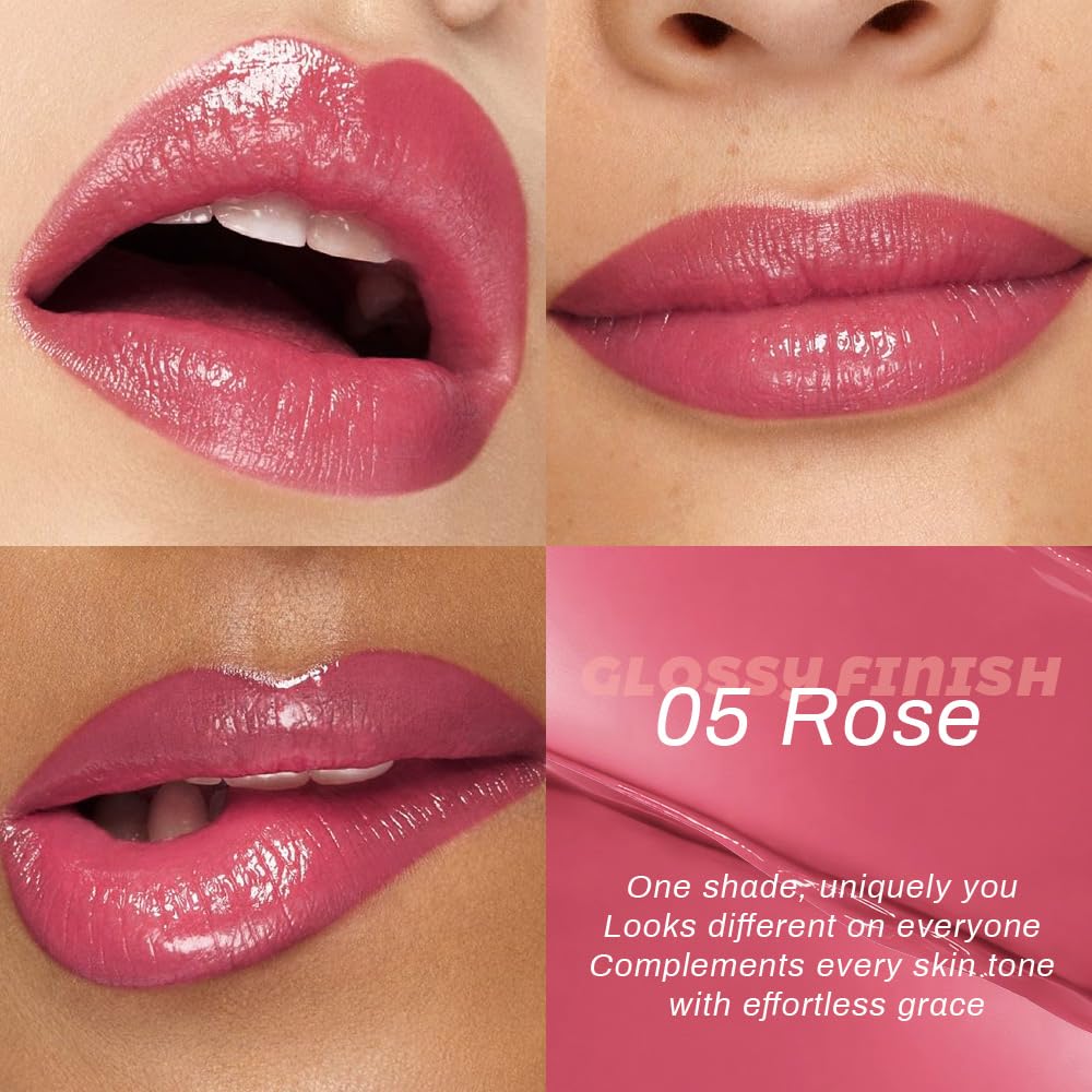 Close-up of HHLTOH Rose Honey Lipstick Tint highlighting hydrating shine on lips.