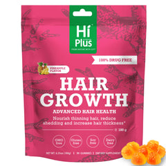 HiPlus Hair Growth Gummies bottle shows pineapple-flavored vitamins for daily hair health