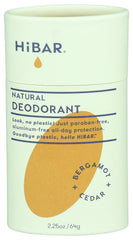 HiBAR Bergamot Cedar deodorant tube in plastic-free packaging for daily use.