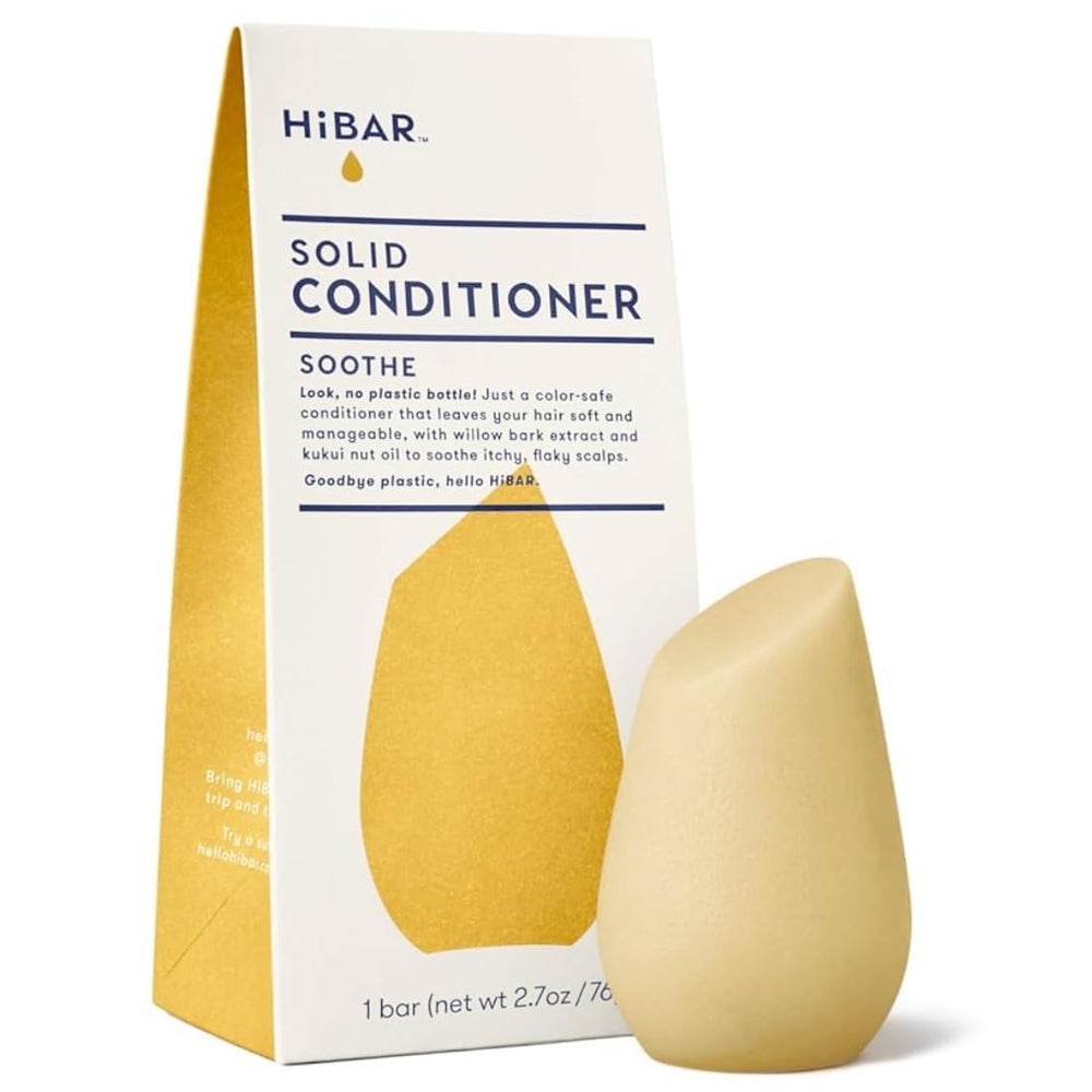 HIBAR Soothe conditioner bar packaging shown, plastic-free design highlights sustainability.