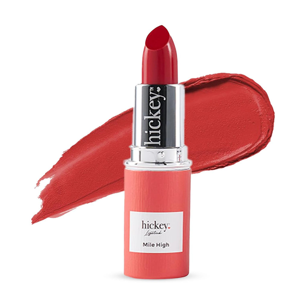 Hickey red lipstick swipe application shows smooth, hydrating finish for daily wear.