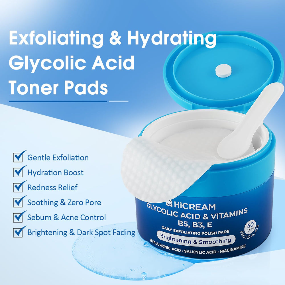 Hicream exfoliating pads closeup showing dual textures for gentle exfoliation.