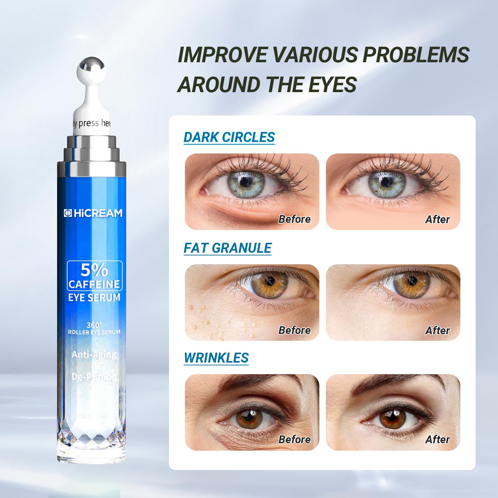 User applying Hicream under-eye serum for daily use around the eyes.