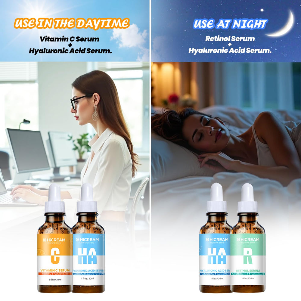 Hicream night routine with retinol serum under soft lighting.