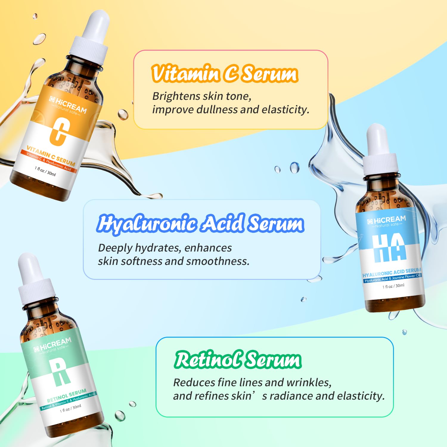 Hicream Retinol serum bottle showcases firming and wrinkle reduction.
