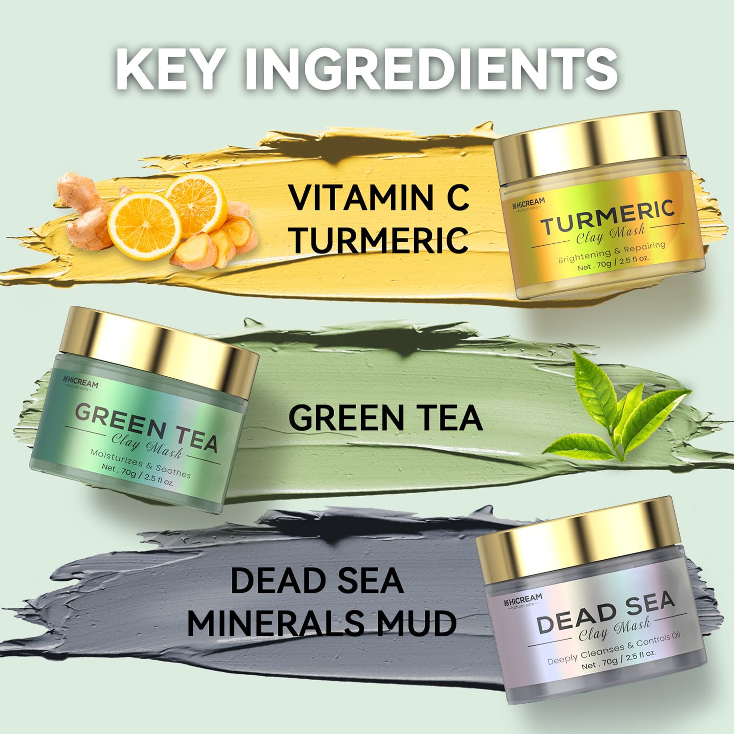 Hicream green tea clay mask jar emphasizing antioxidant protection and smooth, refreshed skin.