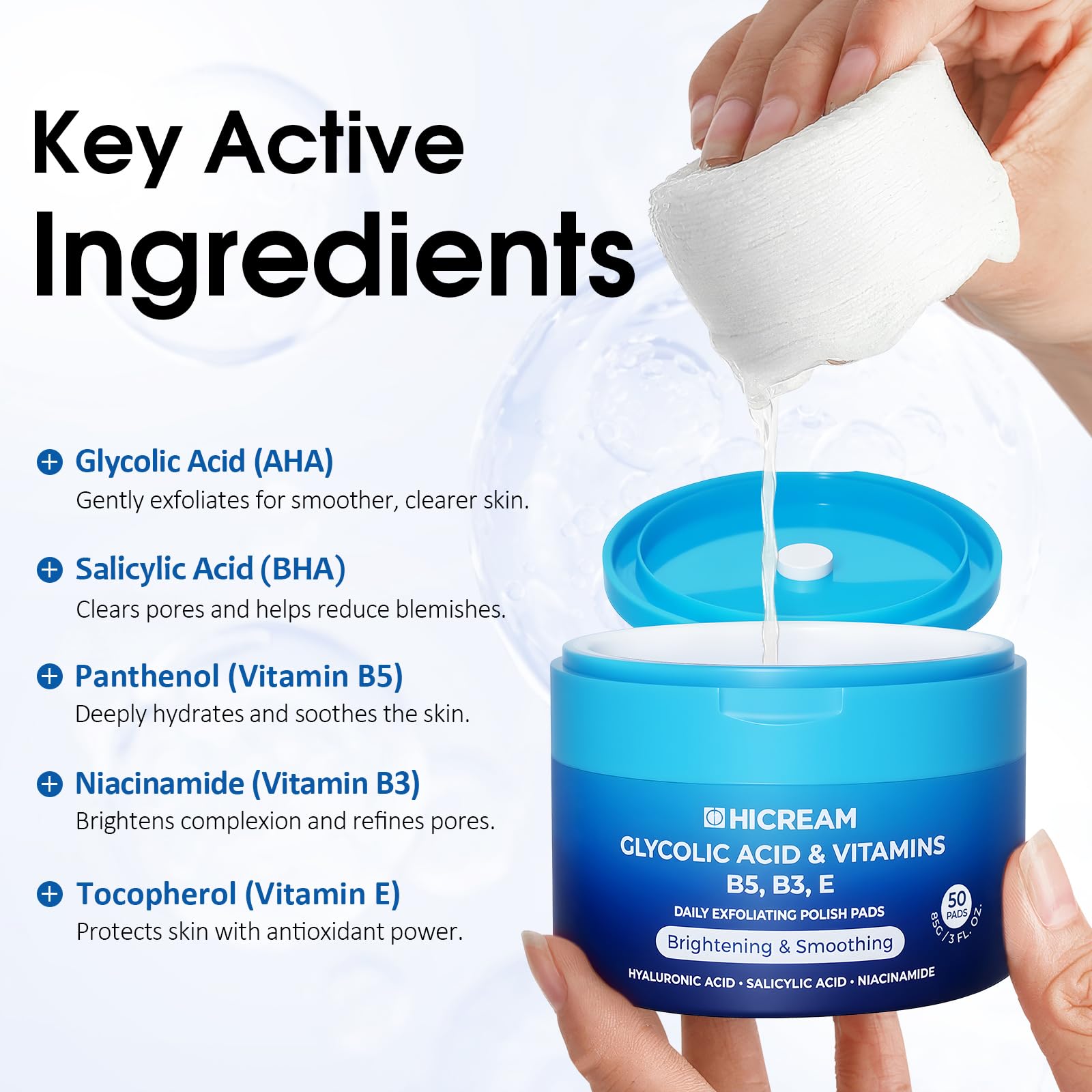 Hicream pore-care pad in use near the T-zone for refined pores.