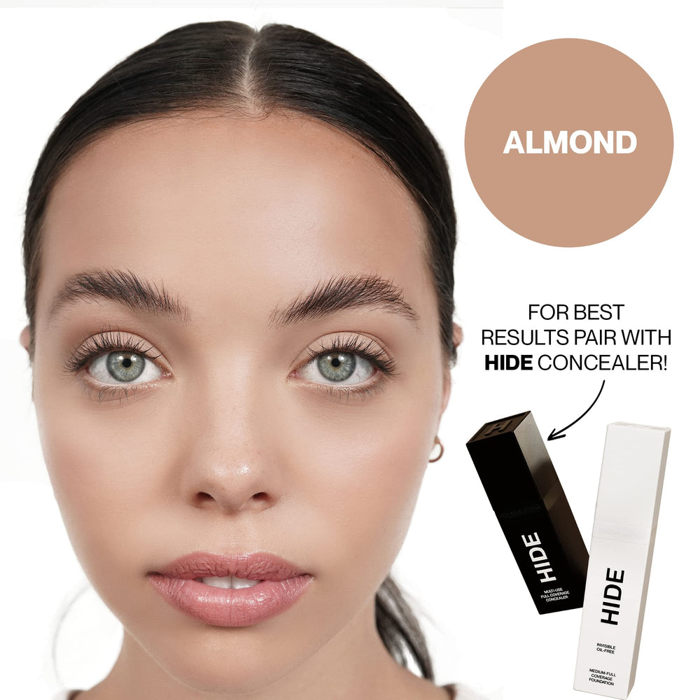 Hide Premium Foundation Almond packaging back highlighting shade-match guarantee
