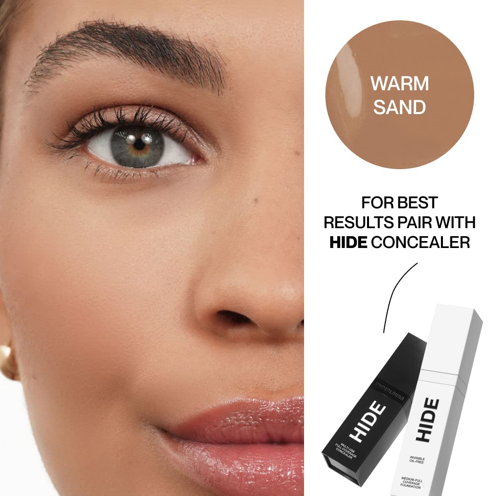 HIDE Premium Liquid Foundation closeup shows skin-like finish and oil-free formula.