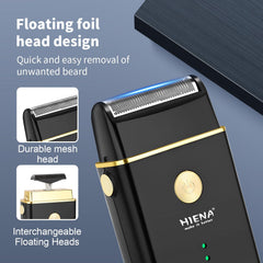 HIENA PRO foil shaver close-up for smooth beard and contour trimming.