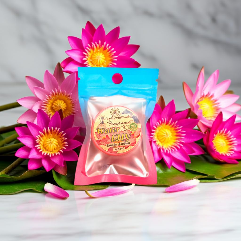 HIGH ALTITUDE FRAGRANCE Water Lily packaging emphasizes compact design for travel.