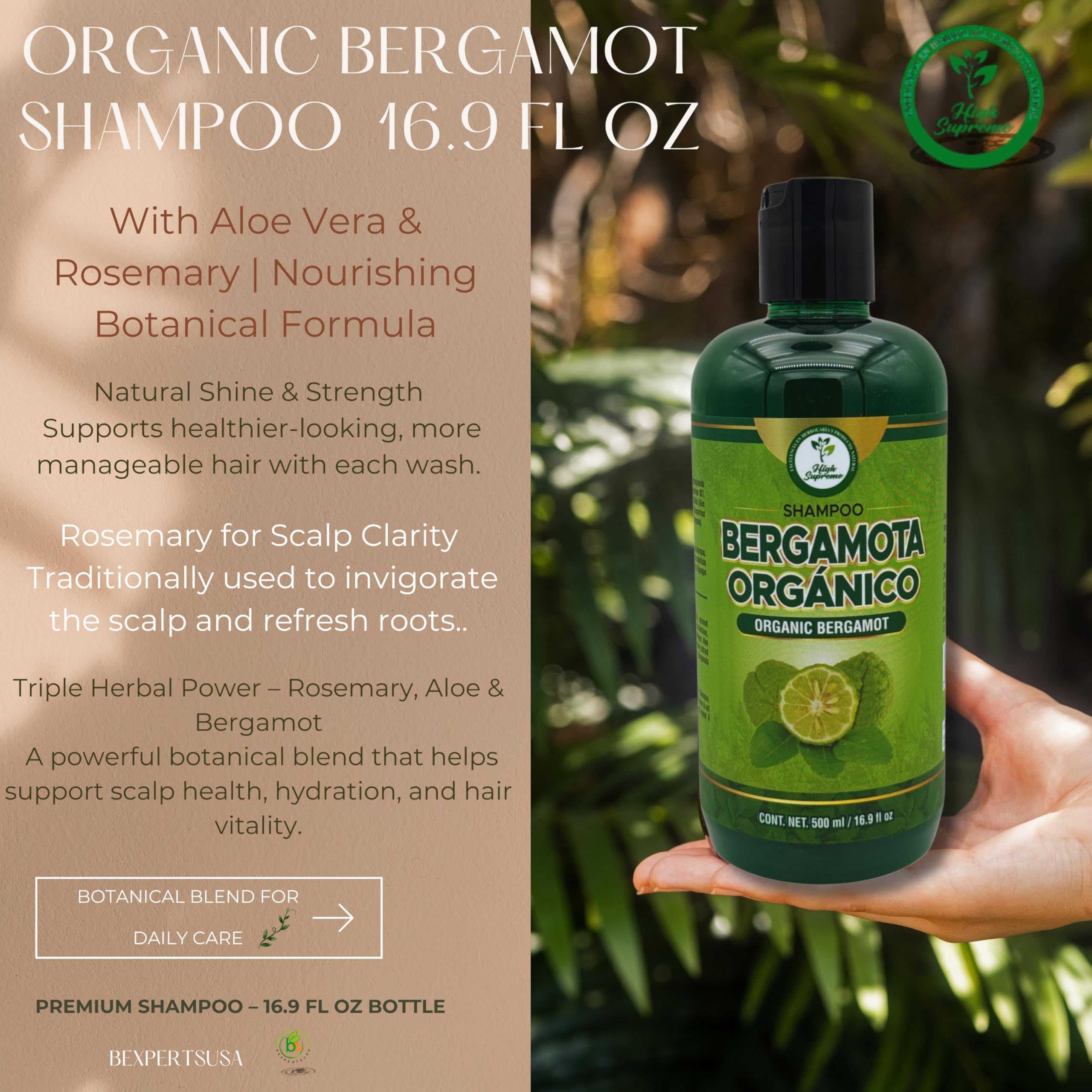 HIGH SUPREME aloe vera shampoo ingredient label highlights hydration for hair.