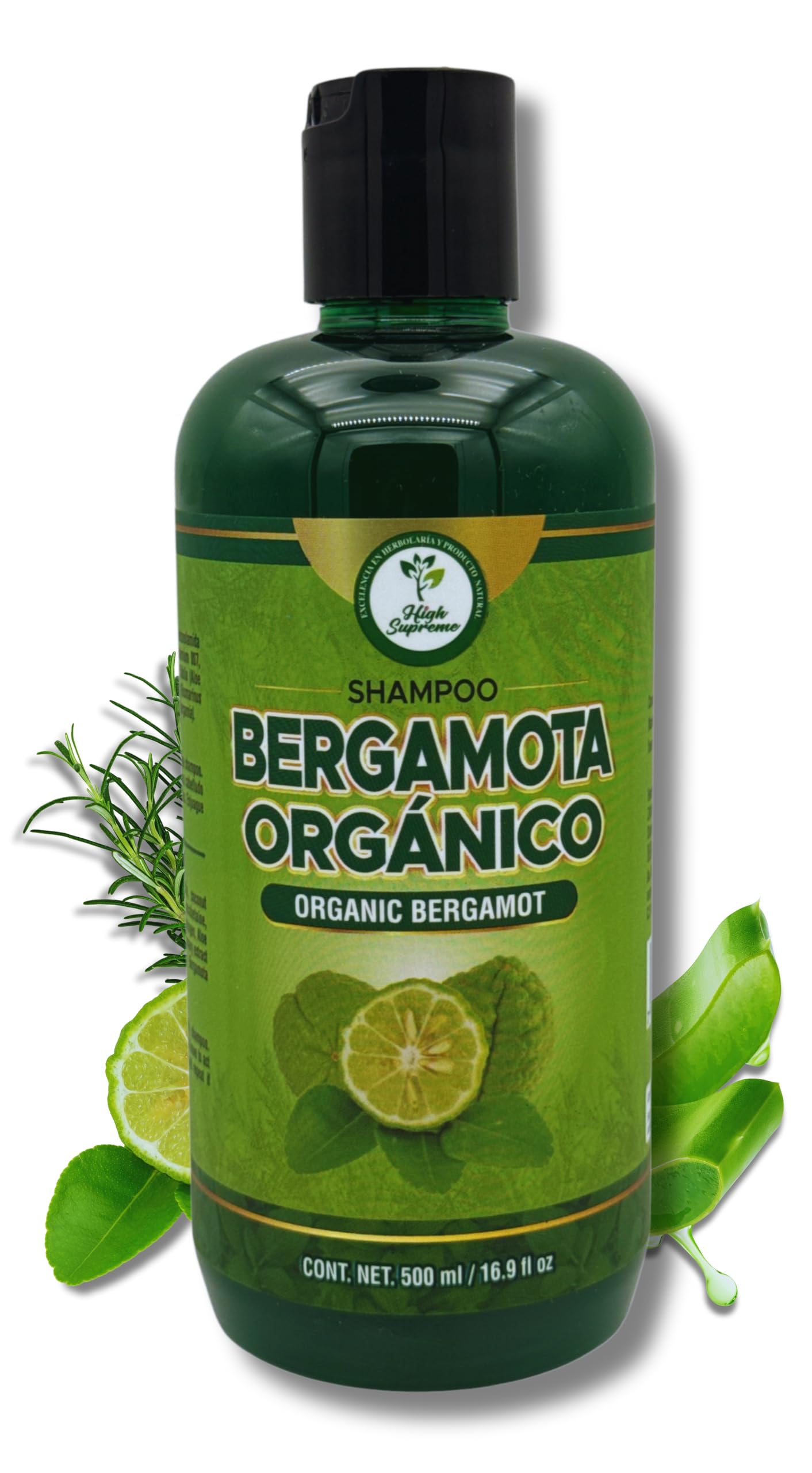HIGH SUPREME bergamot shampoo bottle shows refreshing scent and gentle cleanse.