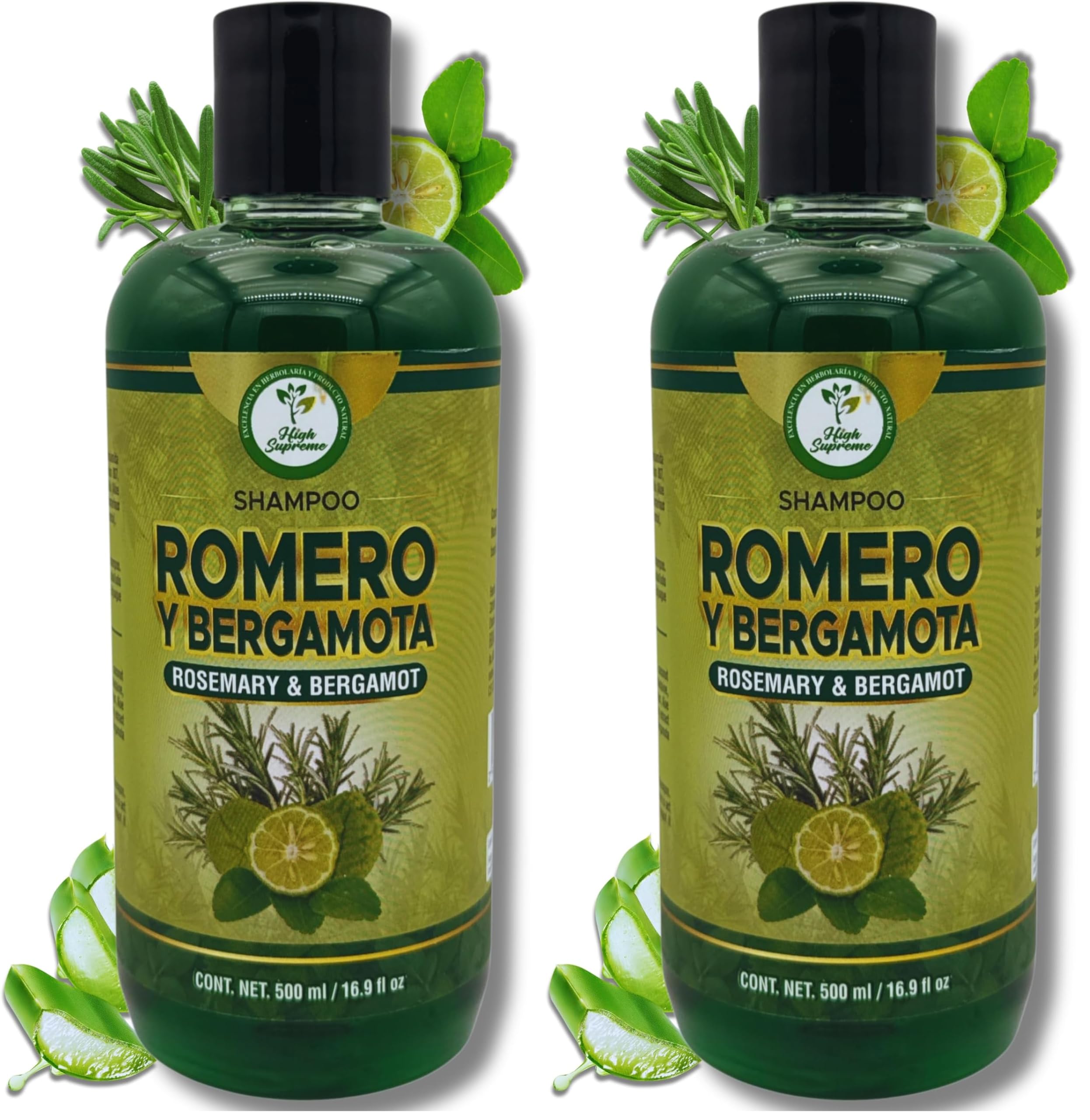 HIGH SUPREME Rosemary Aloe Bergamot shampoo bottle close-up highlights natural shine.