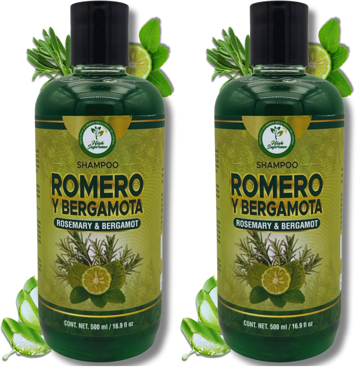 HIGH SUPREME Rosemary Aloe Bergamot shampoo bottle close-up highlights natural shine.