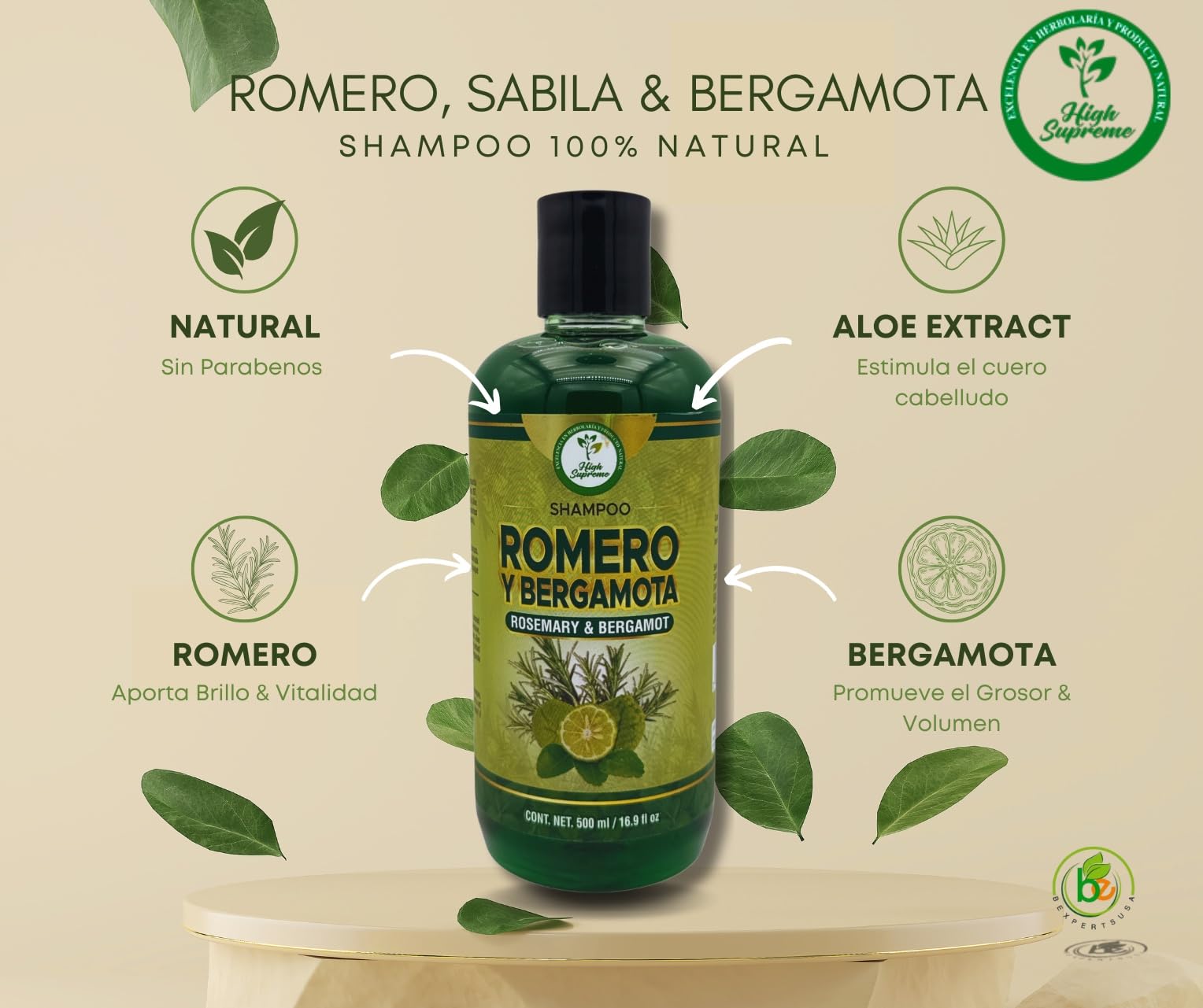 High Supreme bottle showcases natural ingredients signaling plant-based nourishment.