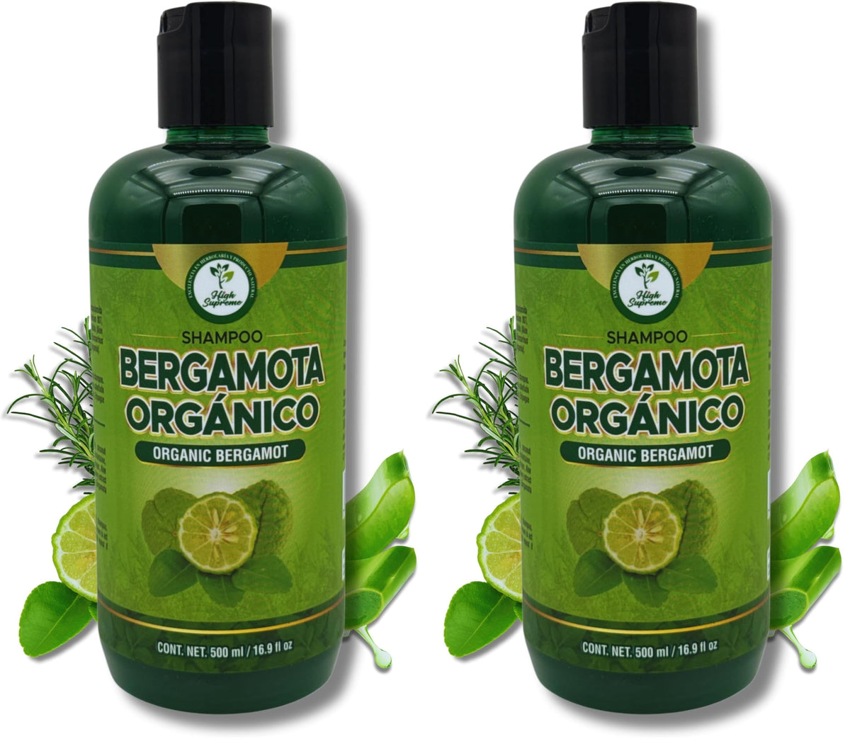 HIGH SUPREME bergamot shampoo bottle with refreshing citrus aroma for energized hair.