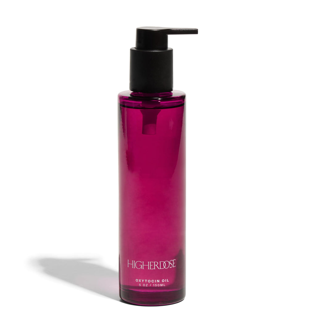 HigherDOSE Oxytocin Oil bottle close-up highlighting premium packaging and light hydration.