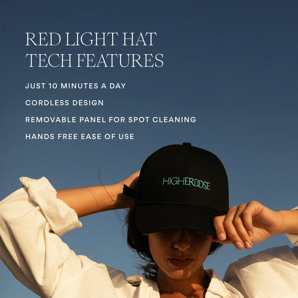 HigherDOSE red light hat silhouette on desk hints at discreet wellness tech.