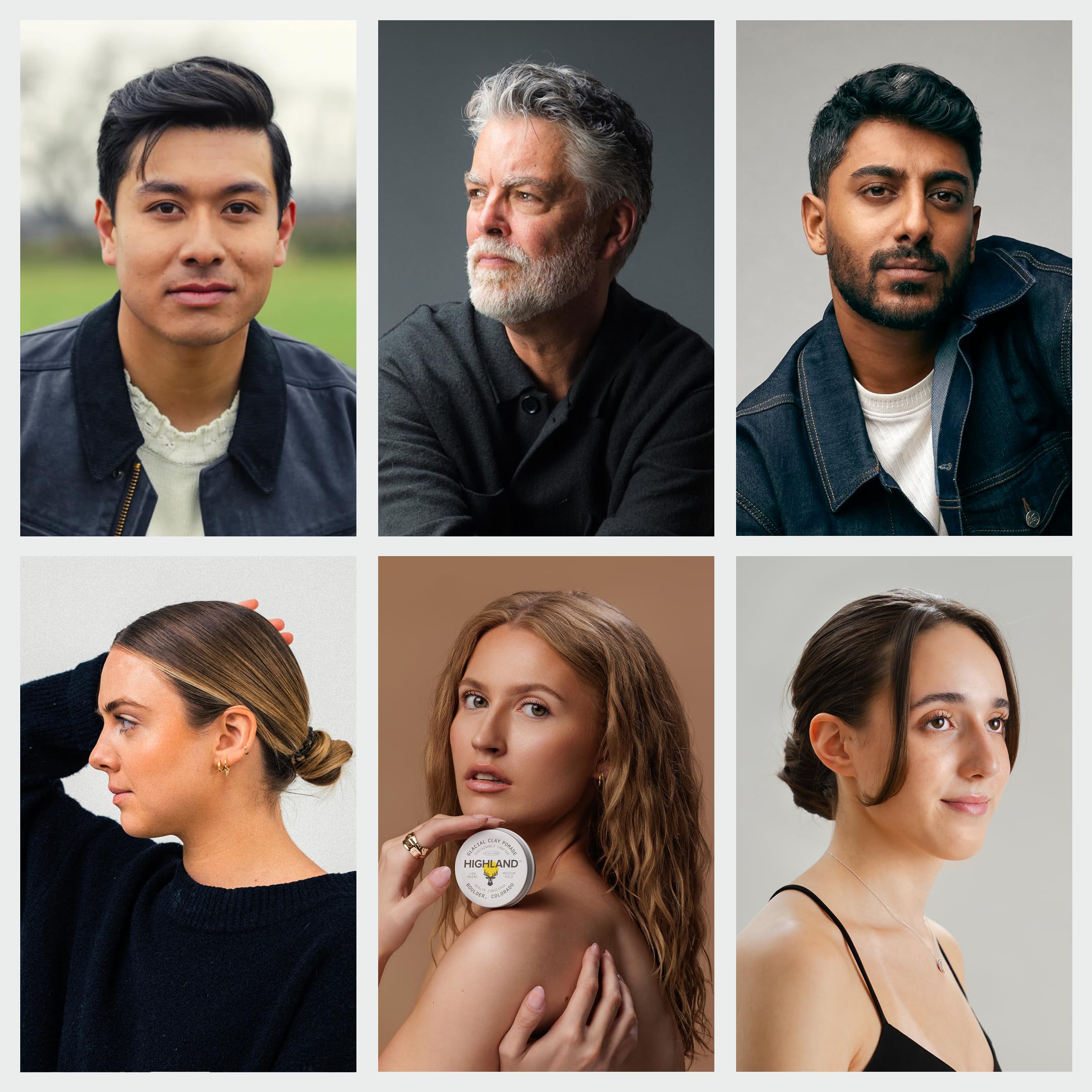 Cruelty-free, American-made Highland Glacial Hair Clay Pomade packaging and branding