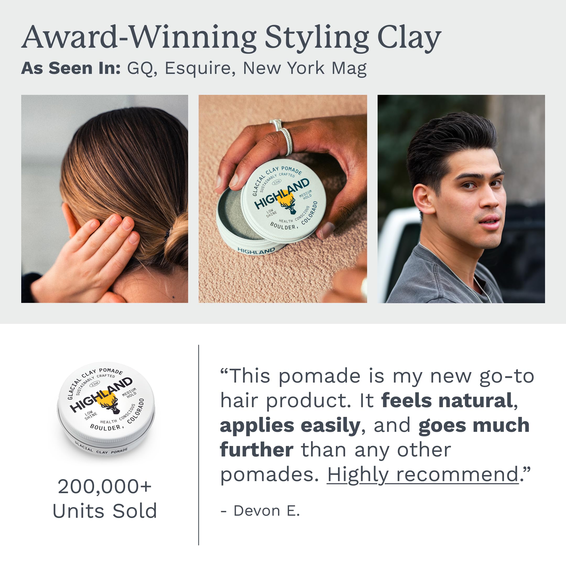 Woman styling with Highland Glacial Hair Clay Pomade showing versatile hold and texture