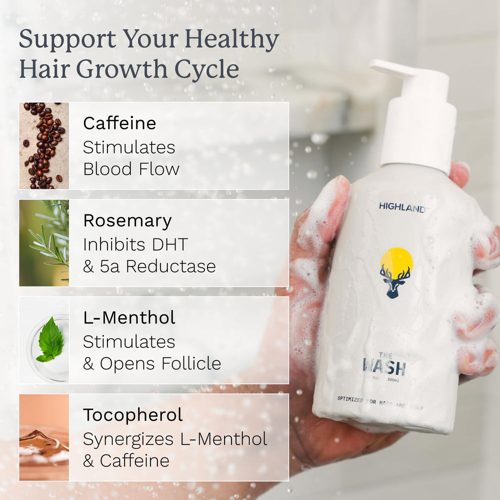 Highland The Wash label indicates a pH-balanced cleanser for hair health.