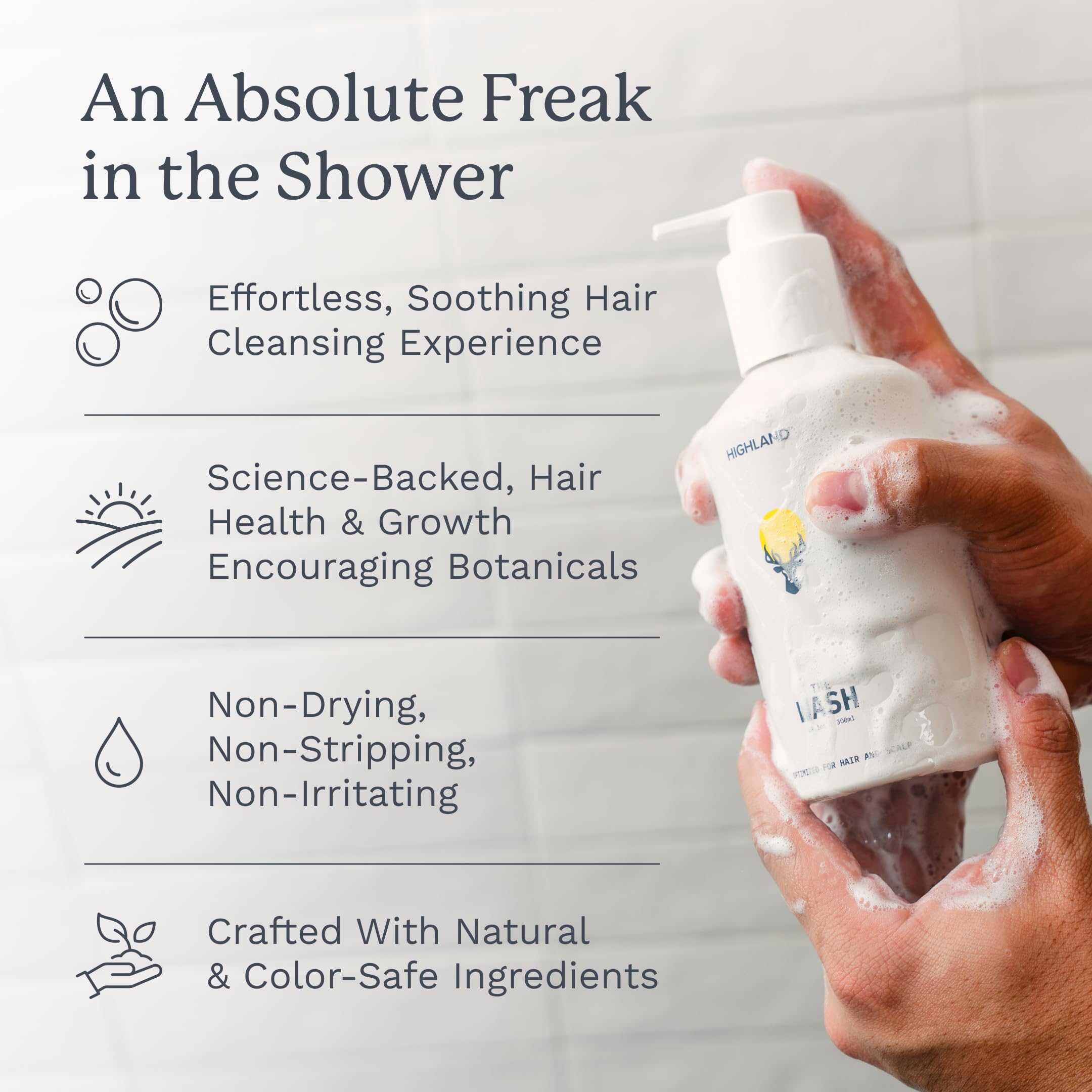 Highland The Wash pump application on wet hair for daily cleansing.