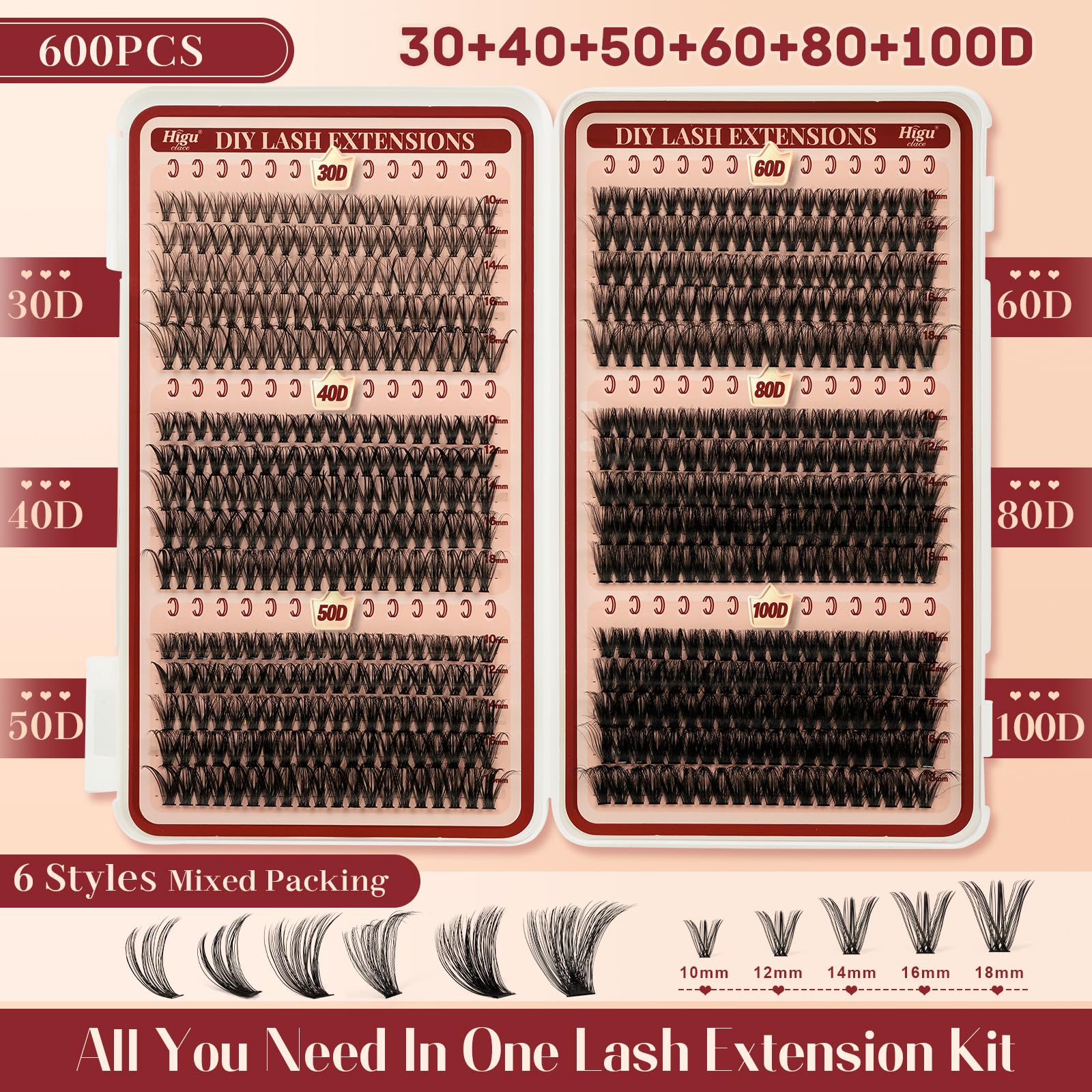 Higu clace lash clusters with mixed lengths 10-18mm for natural to dramatic styles.