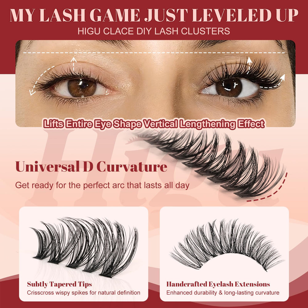 Higu clace wispy D-style clusters provide fluffy, natural lash texture.