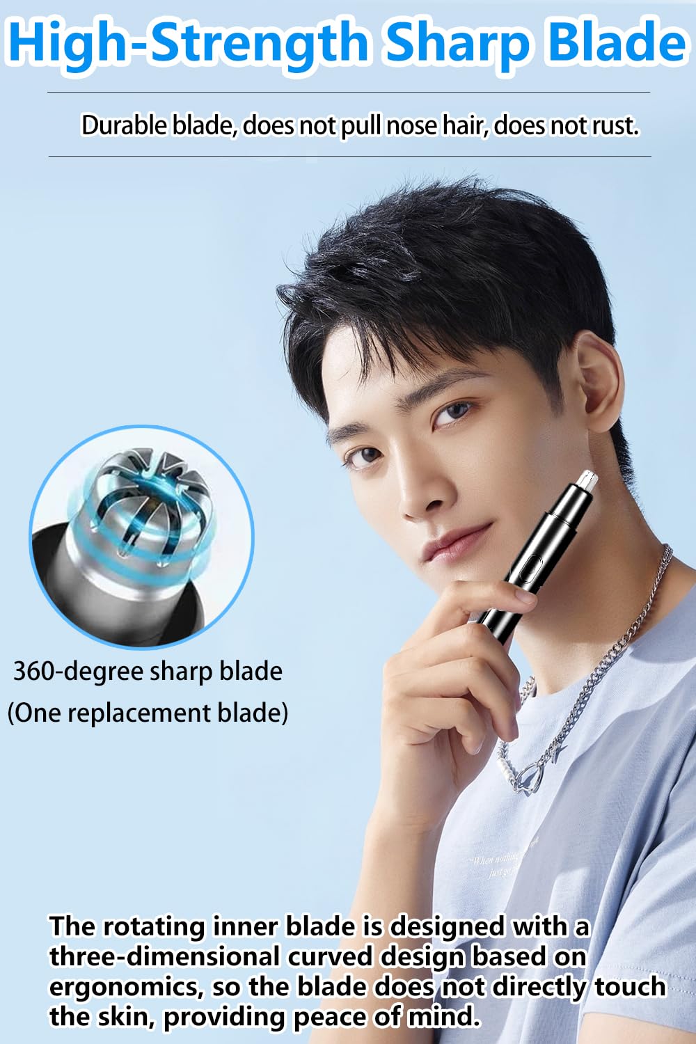 HILIYOT nose hair trimmer side angle highlights ergonomic grip for easy handling