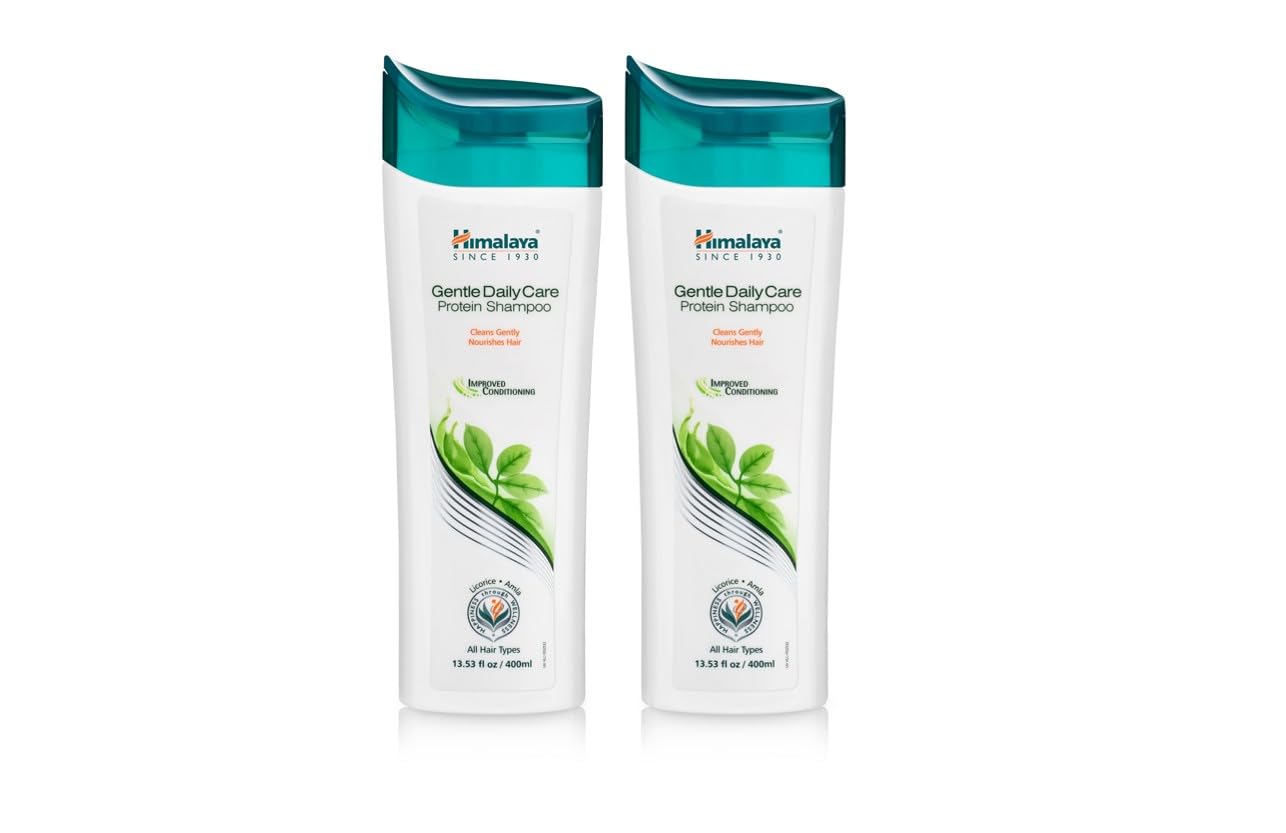 Himalaya Gentle Daily Care Protein Shampoo bottle on vanity showing herbal nourishment
