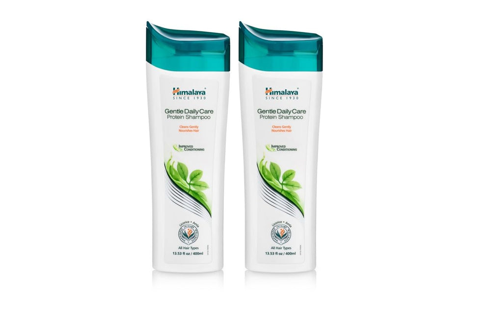 Himalaya Gentle Daily Care Protein Shampoo bottle on vanity showing herbal nourishment