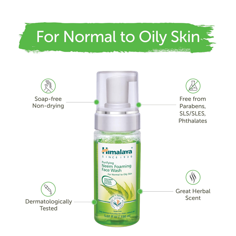 Himalaya Purifying Neem Foaming Face Wash packaging shows 150 ml size.