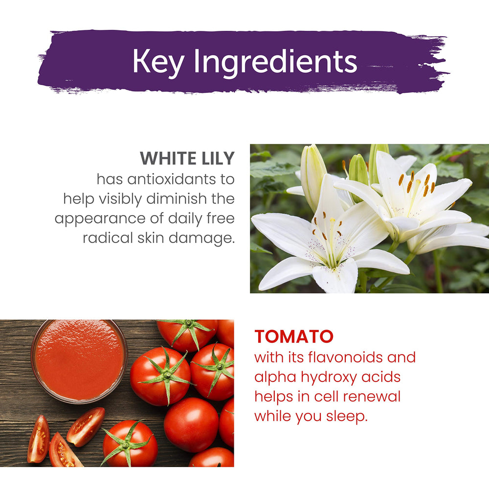 Himalaya Revitalizing Night Cream highlights white lily and tomato ingredients for renewal