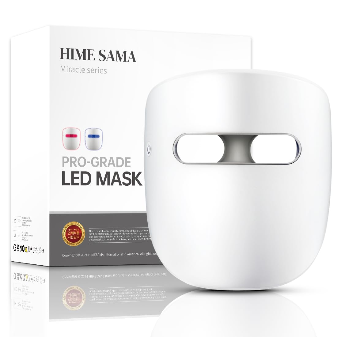 HIME SAMA LED face mask front view highlights sleek wireless design for convenient home use.