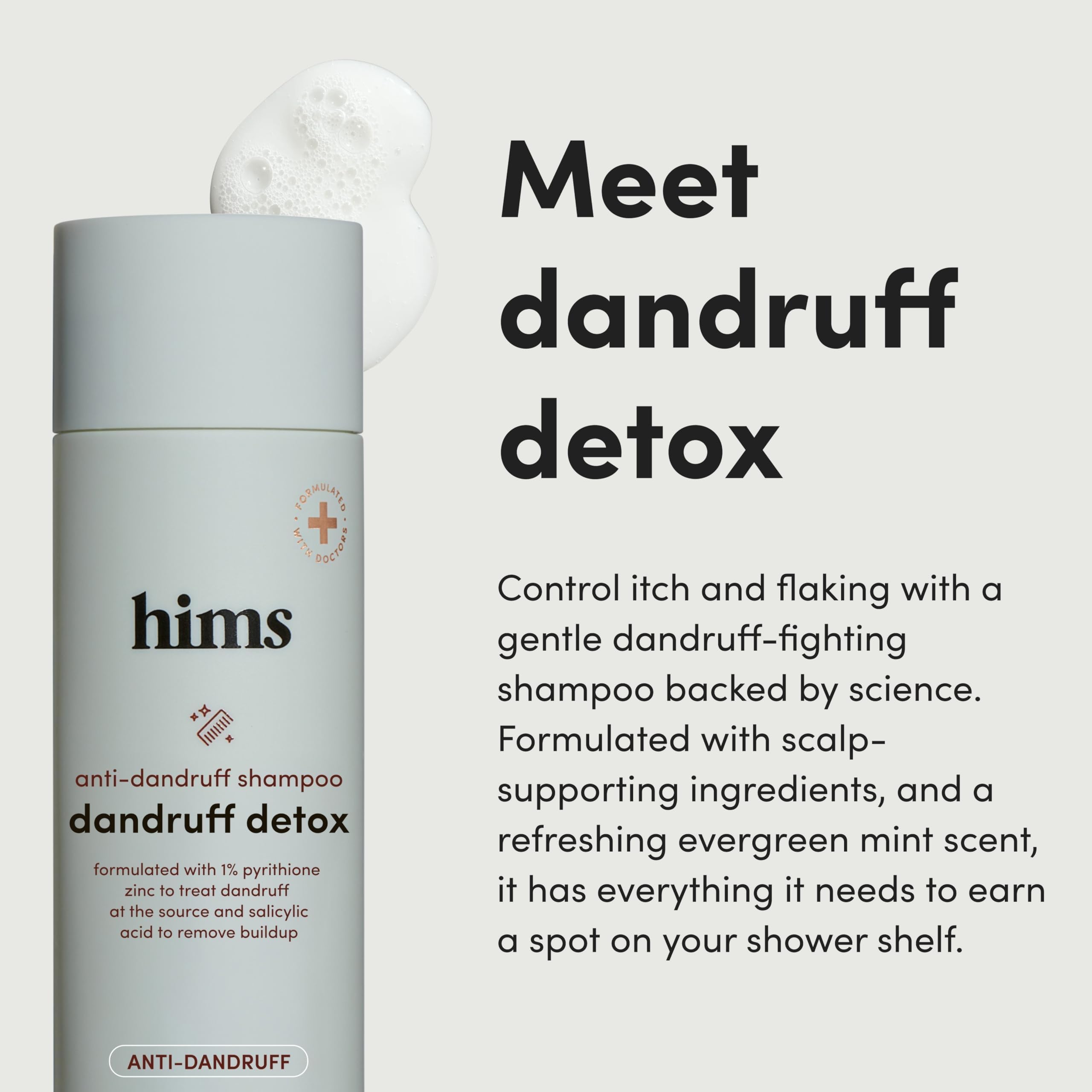 Hims & Hers Dandruff Detox Shampoo being poured to start a refreshing cleanse.