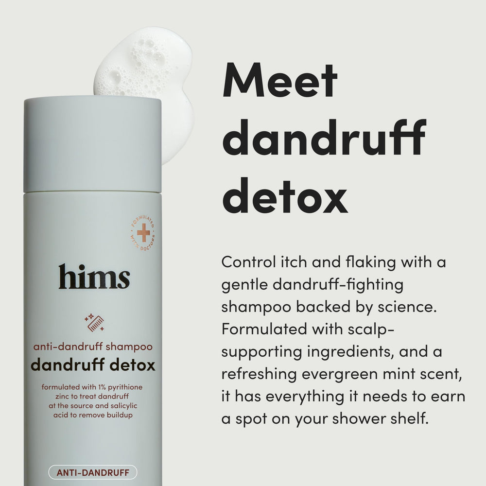 Hims & Hers Dandruff Detox Shampoo being poured to start a refreshing cleanse.