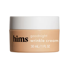Hims & Hers Goodnight Wrinkle Cream bottle close-up for overnight hydration.