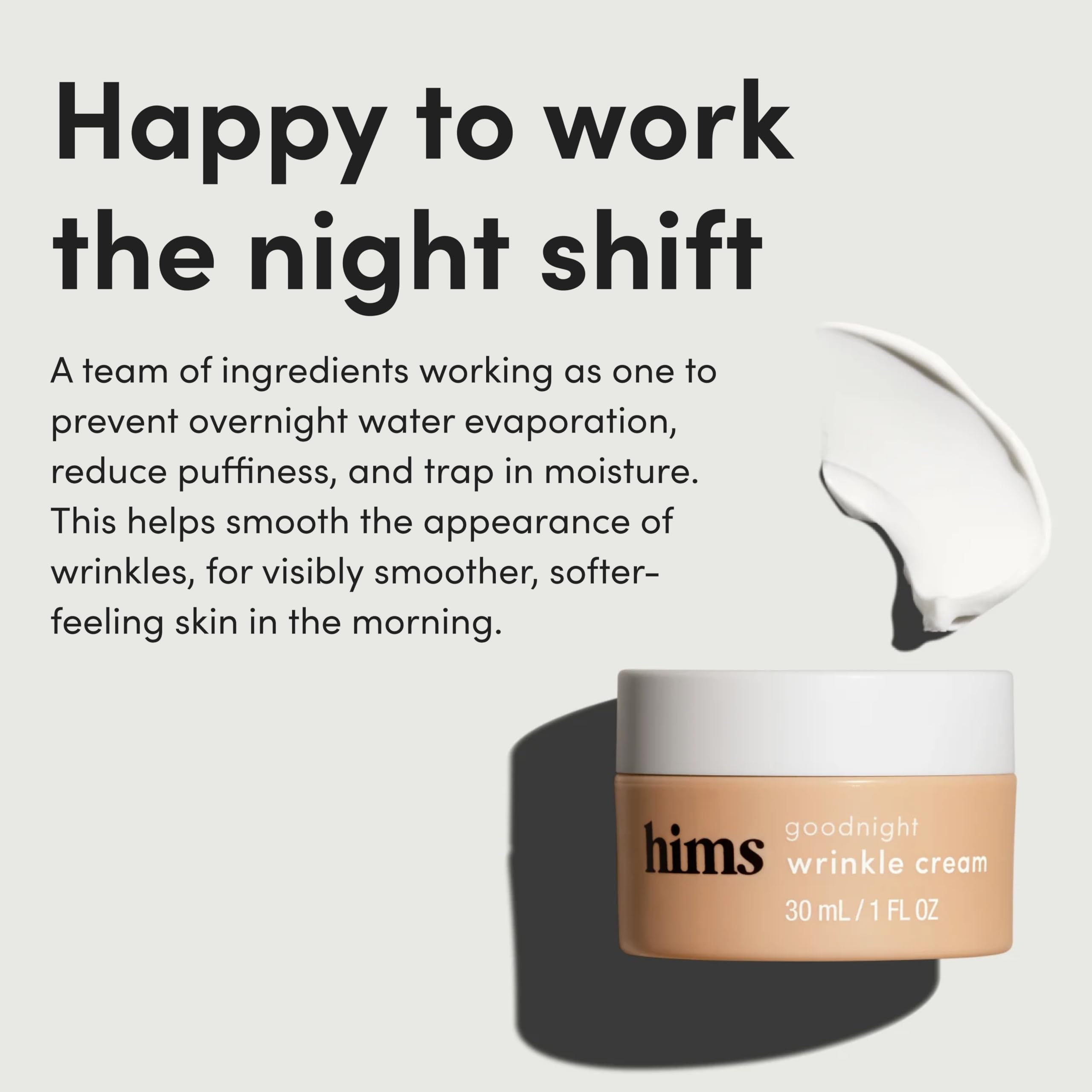 Hims & Hers Goodnight Wrinkle Cream on nightstand with skincare routine setup.