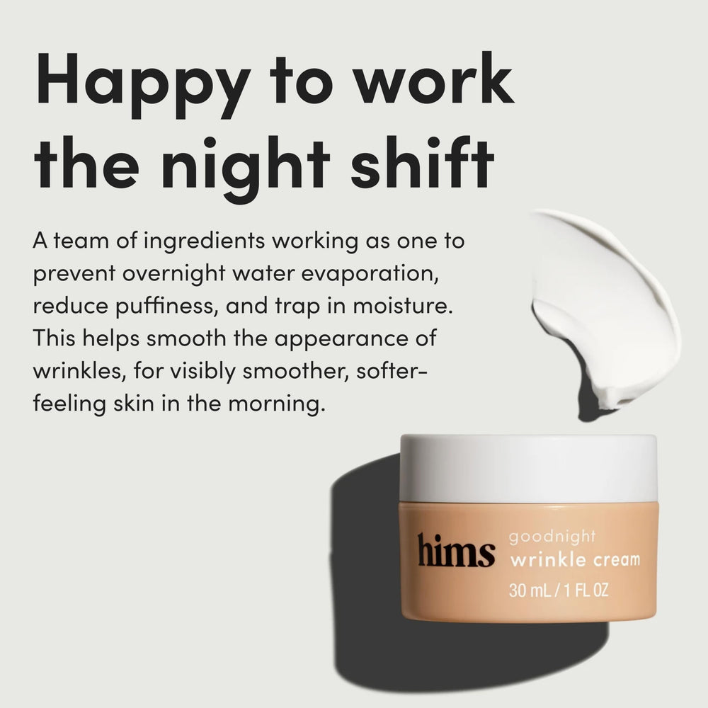 Hims & Hers Goodnight Wrinkle Cream on nightstand with skincare routine setup.