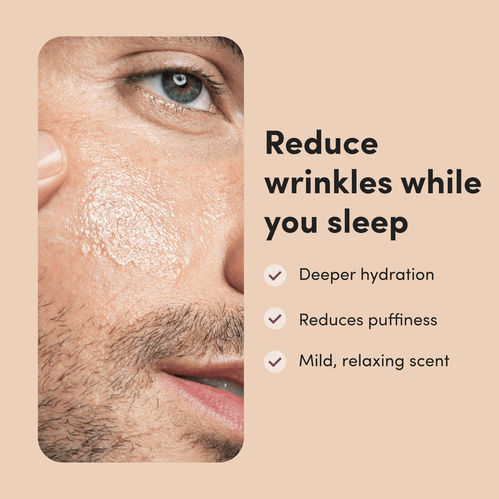 Hims & Hers Goodnight Wrinkle Cream being massaged into the skin at night.