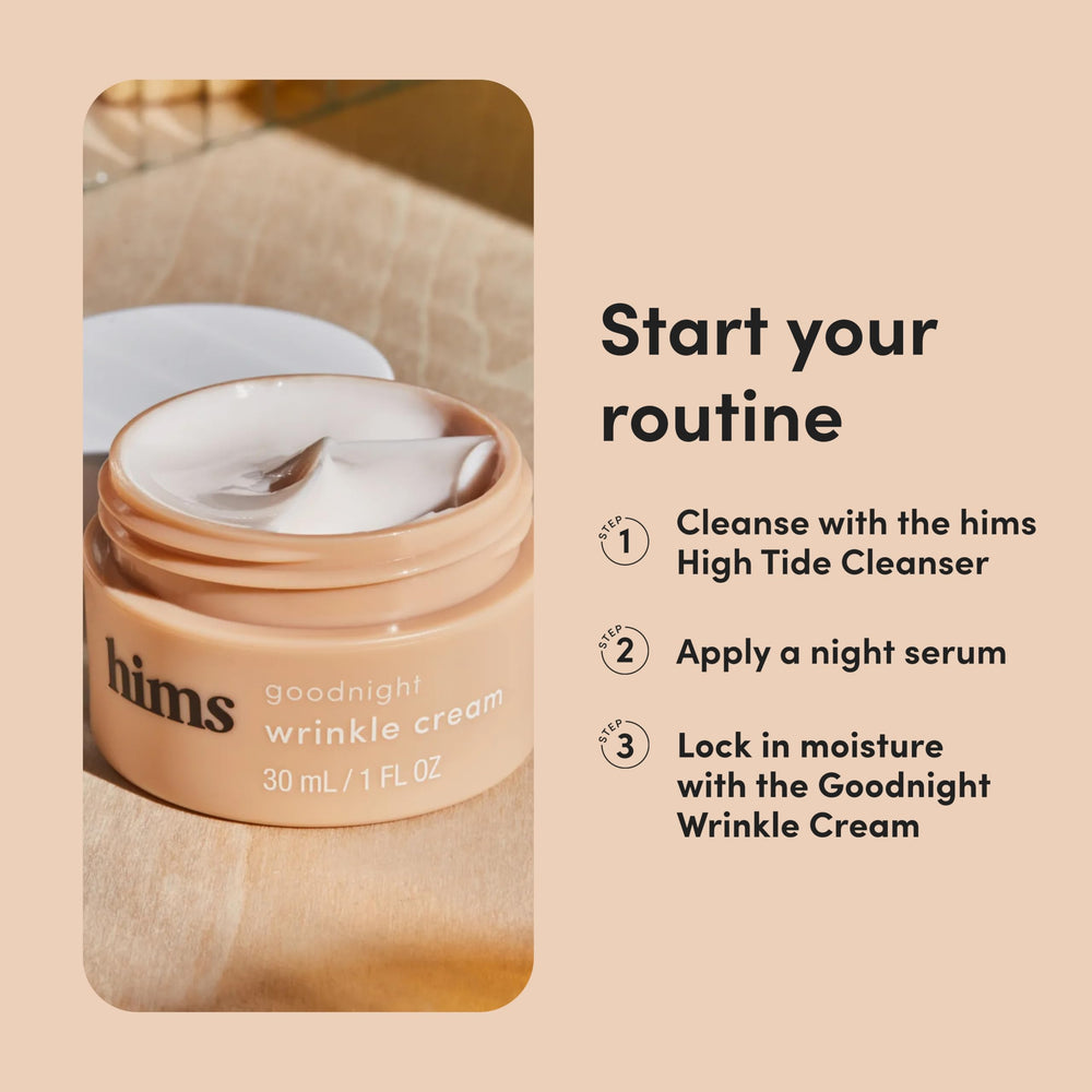 Hims & Hers Goodnight Wrinkle Cream near-skin nutrition with shea butter component.