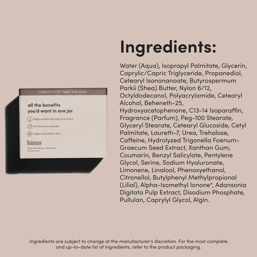Hims & Hers Goodnight Wrinkle Cream vegan formulation label on packaging.