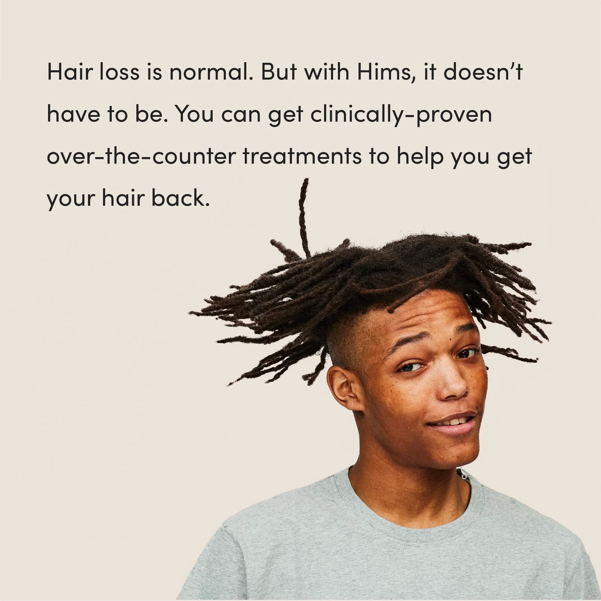 Hims hair regrowth treatment 3-pack display on shelf.