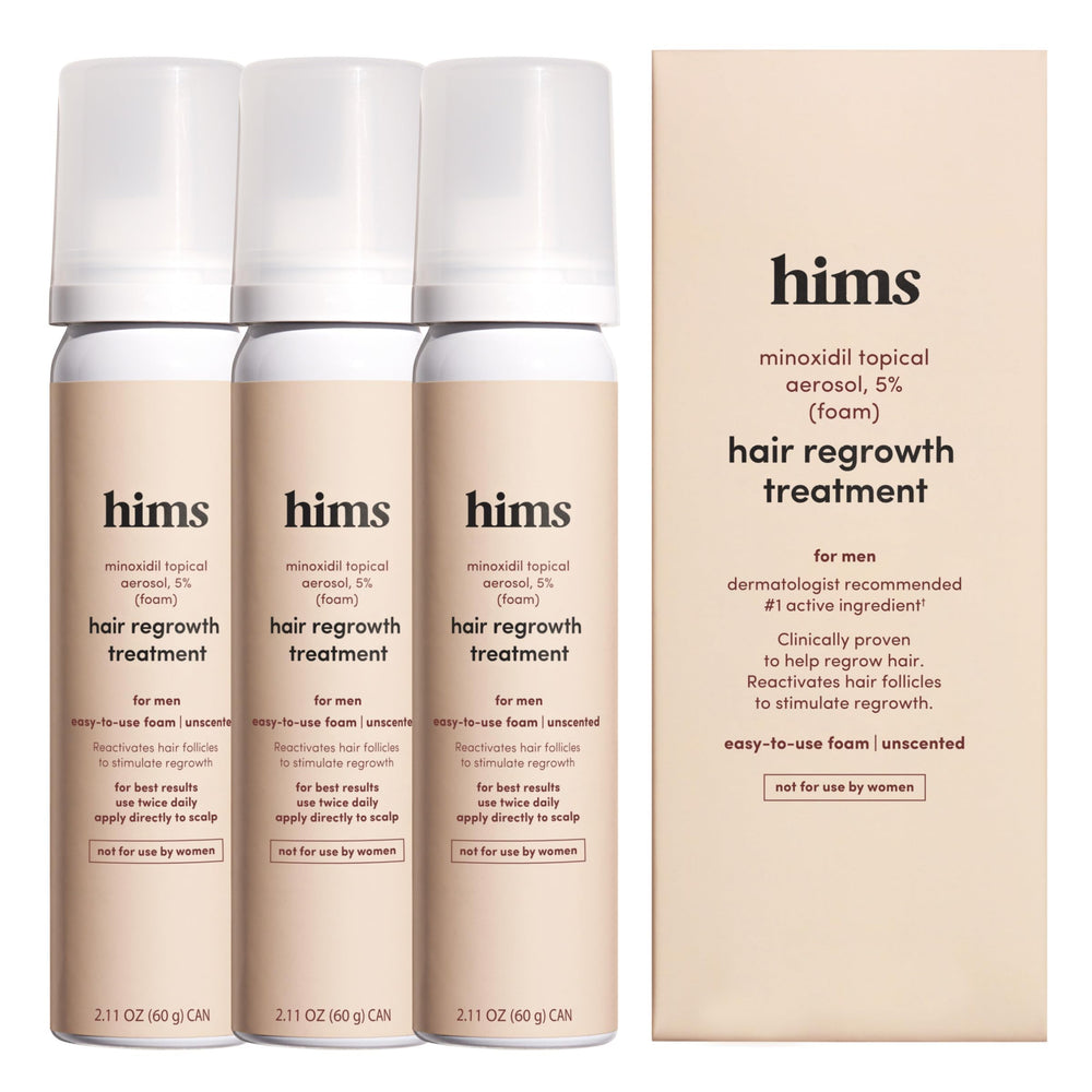 Hims Hair Regrowth Treatment bottle with 5% minoxidil for men, ready for at-home use.