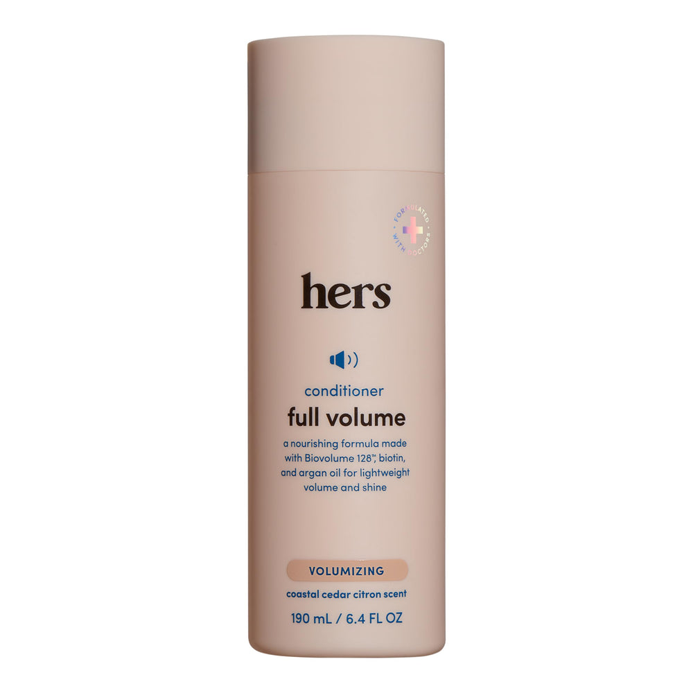 Hims Hers full volume conditioner bottle front view highlighting lightweight volume and shine