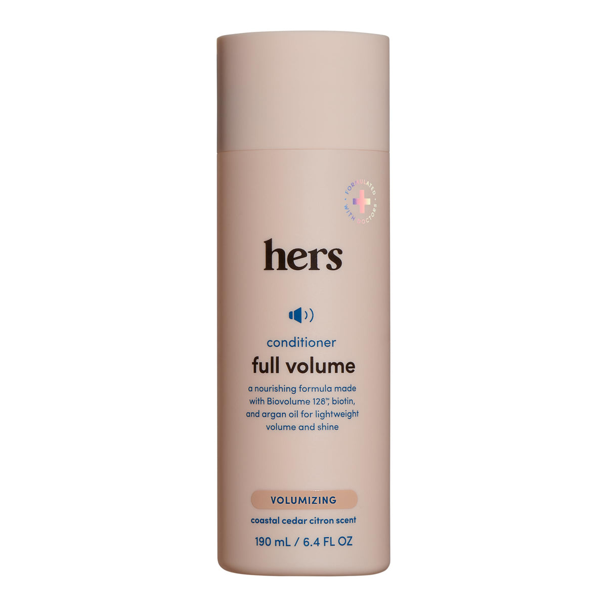 Hims Hers full volume conditioner bottle front view highlighting lightweight volume and shine