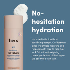 Hims Hers full volume conditioner bottle side view emphasizing sleek formula for improved manageability