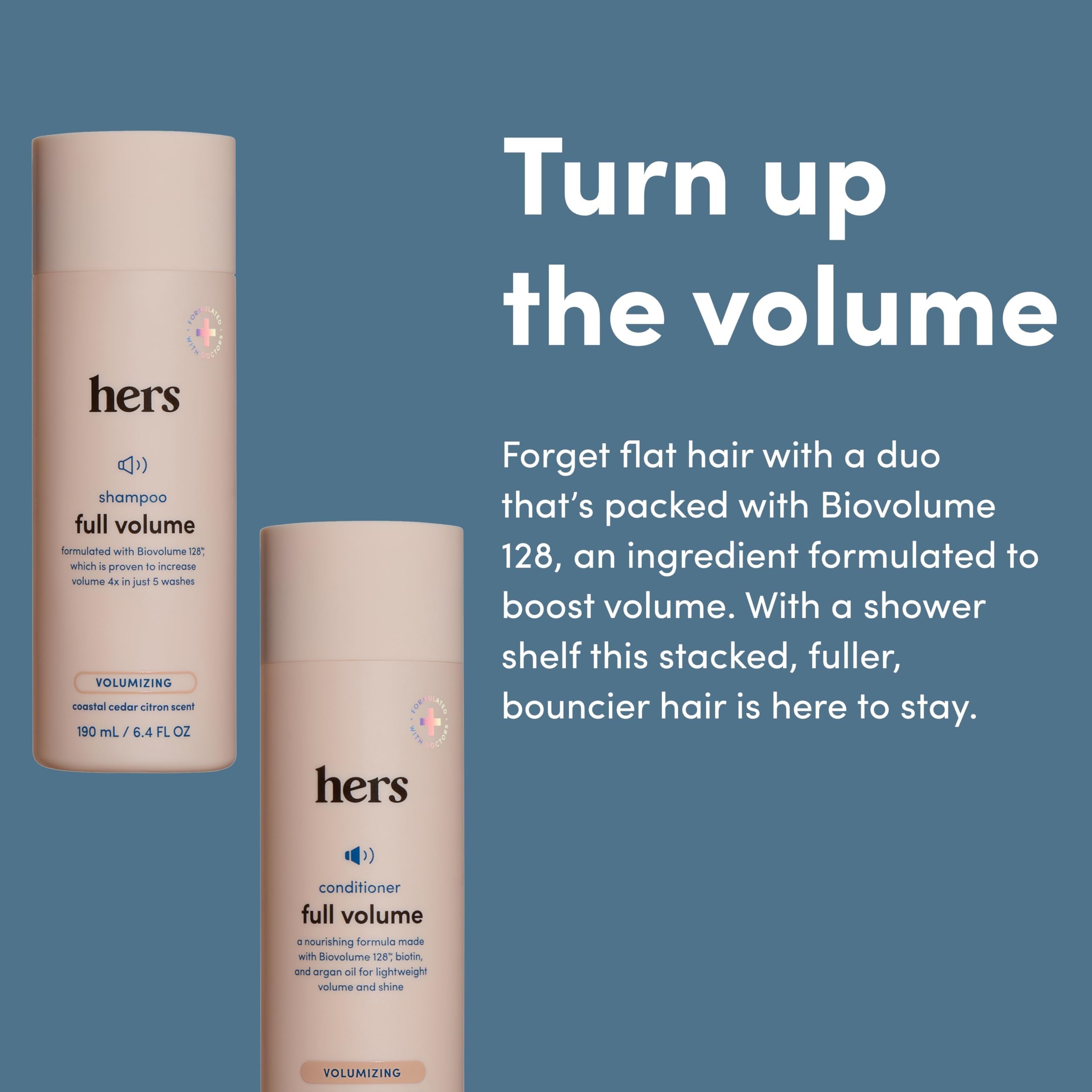 Hims and Hers Full Volume Conditioner bottle highlights moisture without weighing hair down.