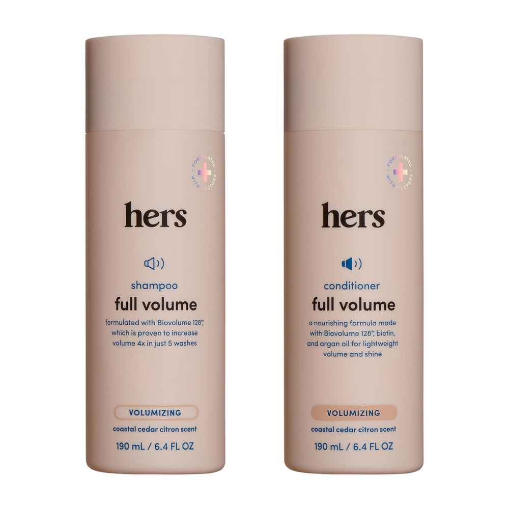Hims and Hers Full Volume Shampoo bottle shows weightless lift for thicker-looking hair.